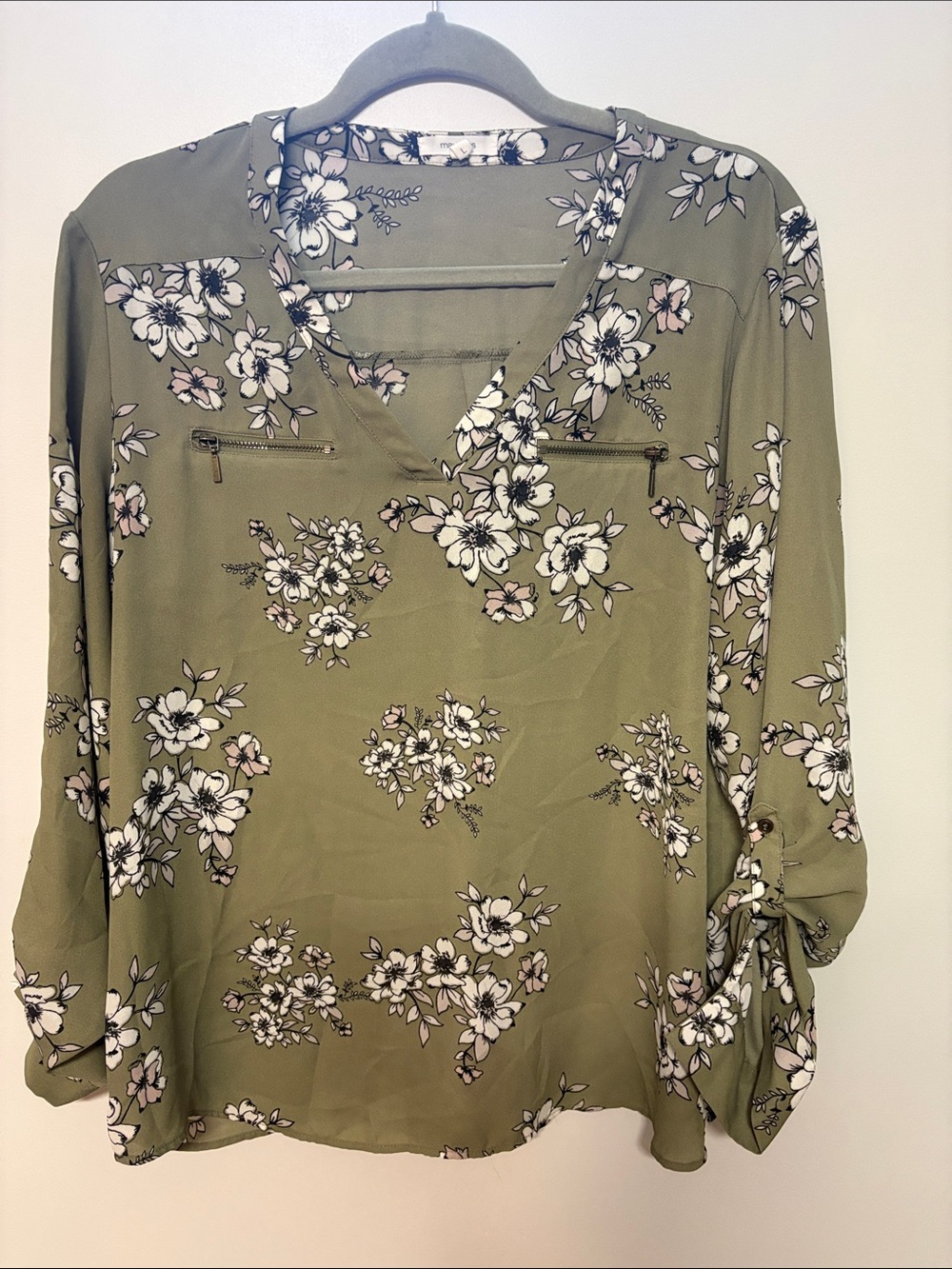 Women's Olive Floral V-Neck Blouse - Casual Work Top, adjustable sleeve, L